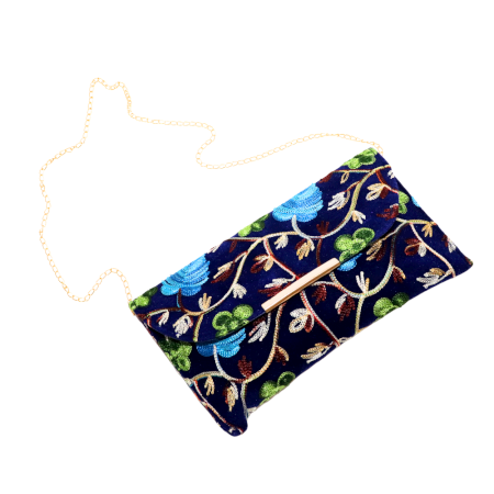 Velvet Beaded Clutch Bag with Gold Chain in Vibrant Floral Design